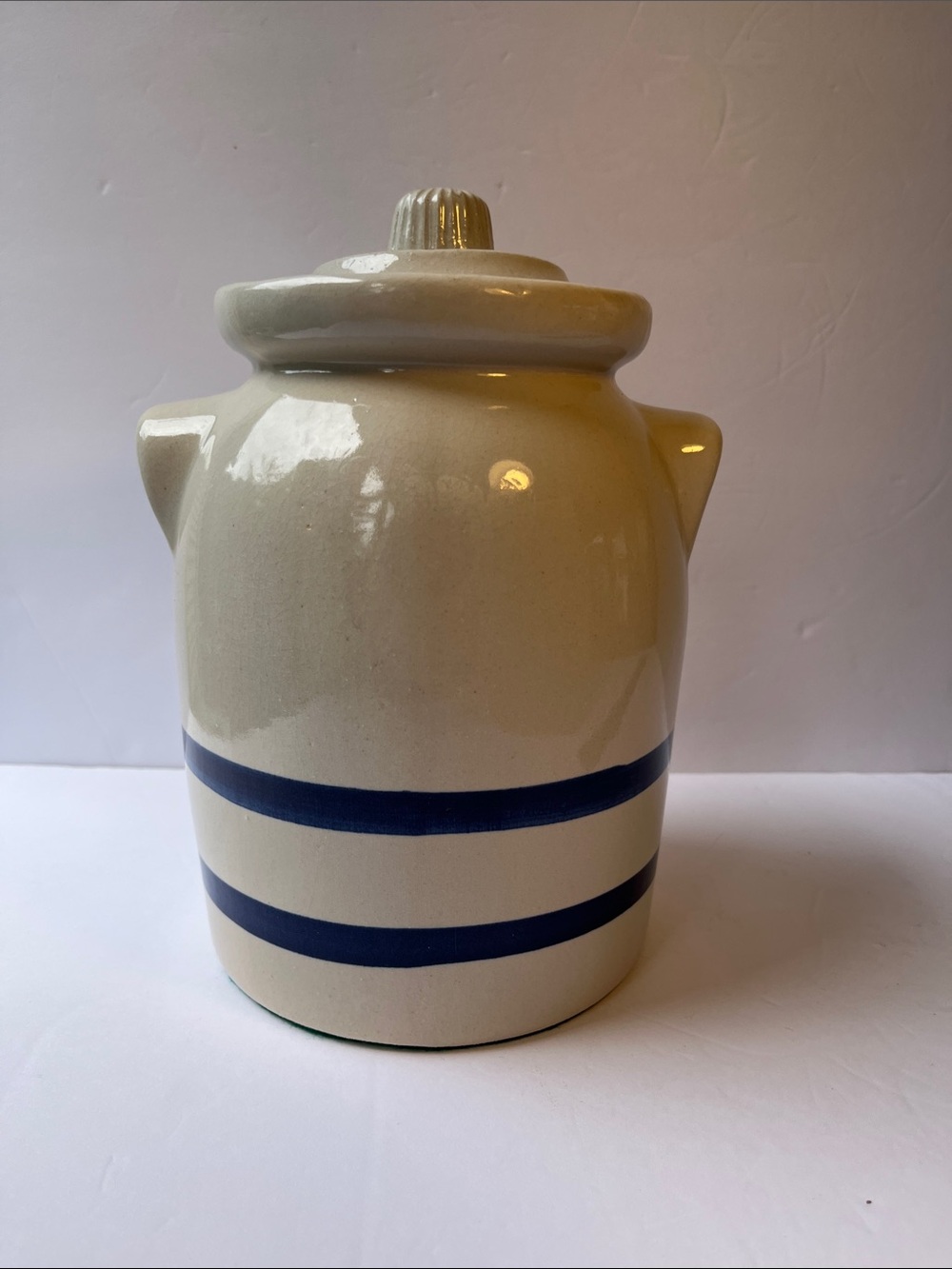 Vintage Robinson Ransbottom Stoneware Canister Crock with Lid 9" Blue Stripes